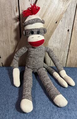 Sock Monkey 22" Schylling Brown Cream Red Mouth Bottom Plush Stuffed Animal